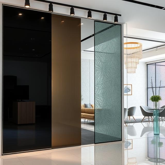 Trending Black, Tinted, and Decorative Glass Styles on Display in a Modern UAE Showroom Alintethar Glass, Ajman