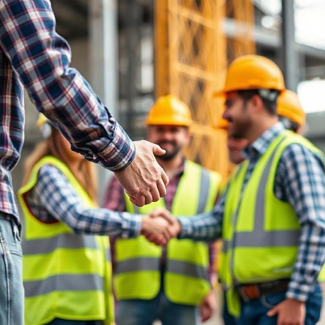 Construction helmet, handshake, or group of people