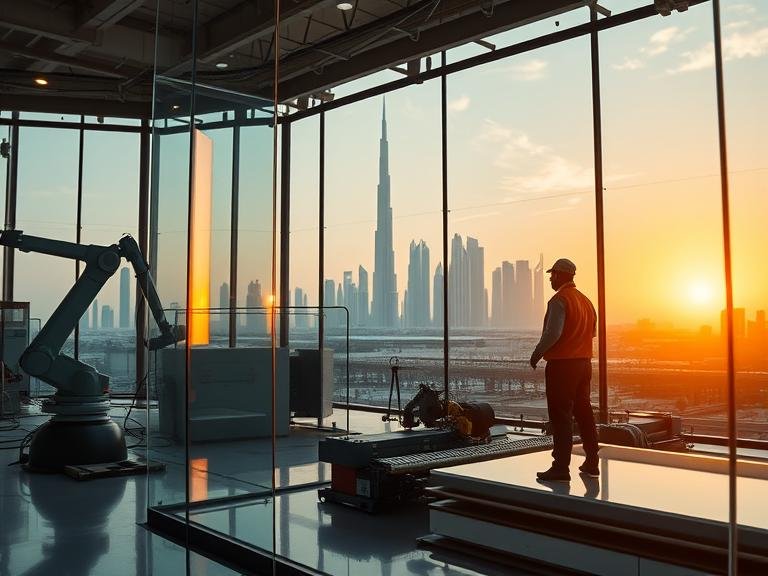 A stunning high-resolution wide-angle image of a state-of-the-art glass manufacturing facility in Dubai