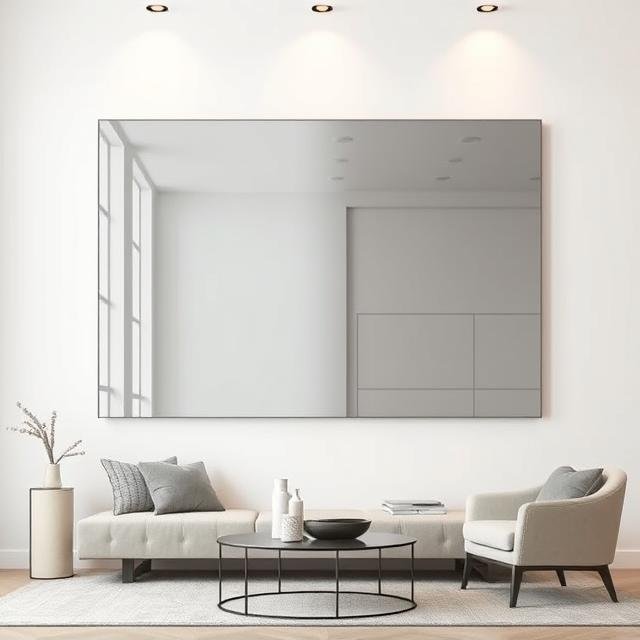 Modern grey mirror panel mounted on a stylish living room wall Alintethar Glass, Dubai
