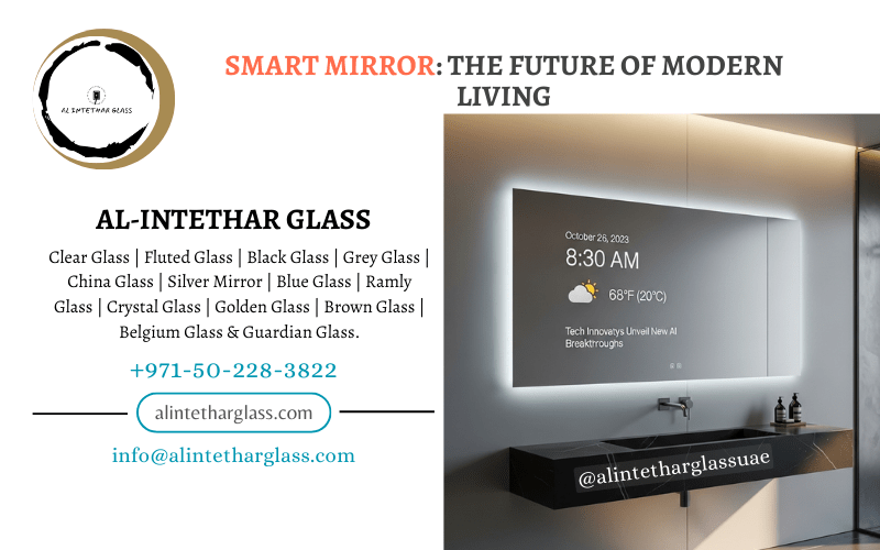 Luxury smart mirror with touch screen and LED display in a modern bathroom, Alintethar GLass, DUbai