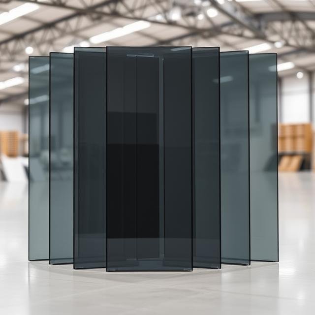 multiple grey tinted glass sheets standing vertically