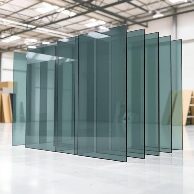 multiple grey tinted glass sheets standing-vertically